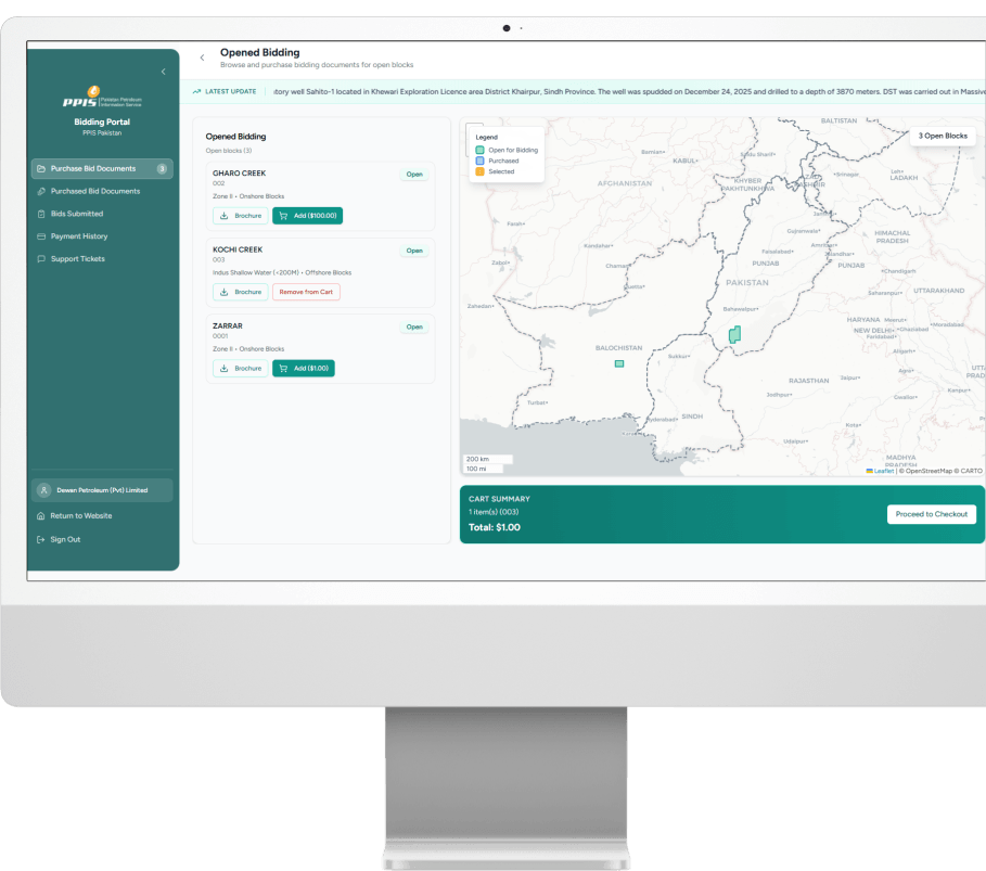 PPIS Bidding Portal dashboard preview showing sidebar navigation and interactive map
